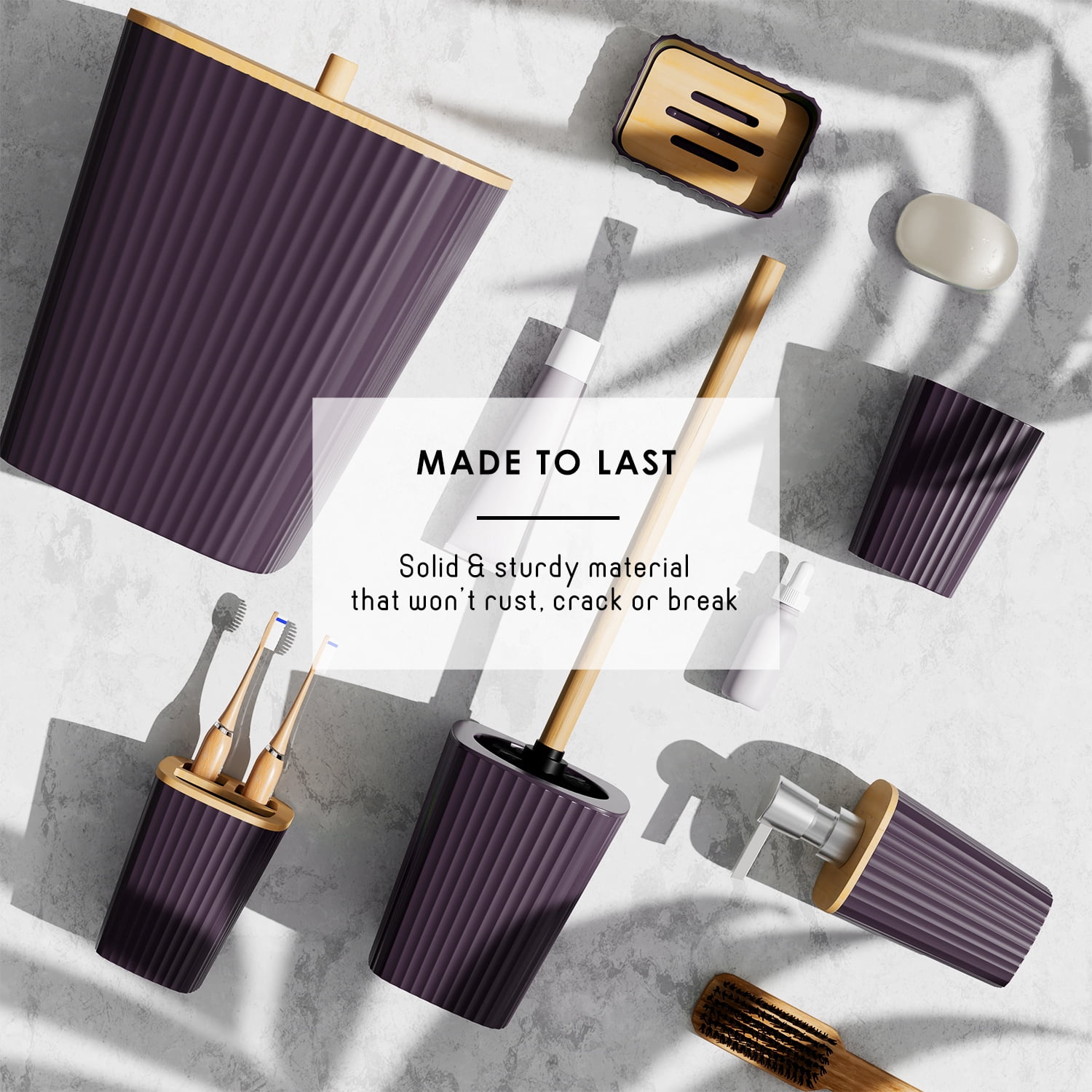 Virtu 6 Piece Bamboo Bathroom Sets, Purple Bathroom Accessories Set for Minimalistic Bathroom Décor