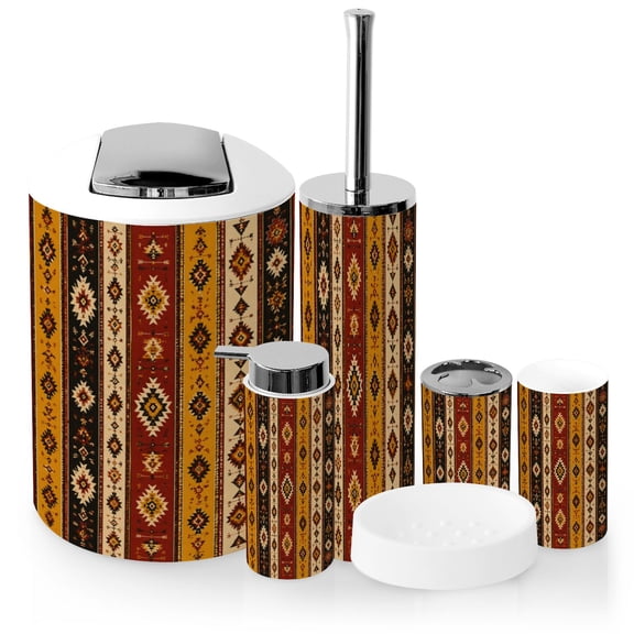 Bathroom Accessory Set 6 Piece with Seamless Tribal Southwestern Ethnic Minimalist Toothbrush Holder, Soap Dispenser, Soap Dish, Trash Can with Lid, Toothbrush Cup, Toilet Brush Holder
