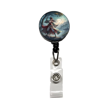Fantasy Female Warrior Classic Japanese Anime Style Retractable Reel ID Badge Key Card Name Tag Holder with Clip