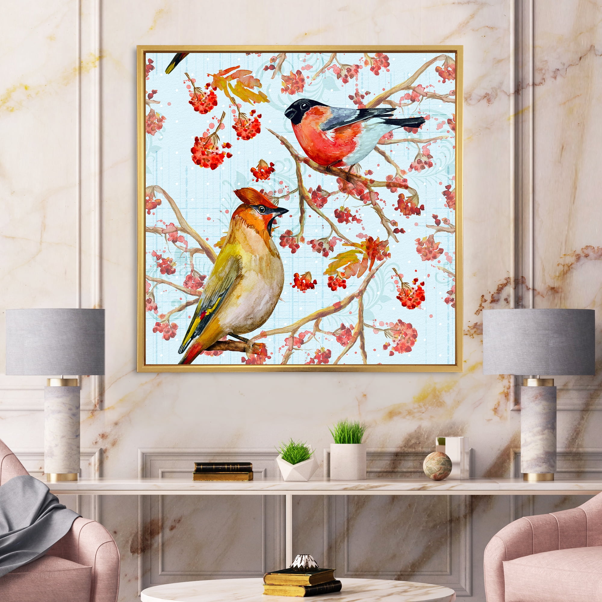 Designart 'Two Birds Sitting On Branches During Autumn' Traditional Framed Canvas Wall Art Print