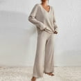 thumbnail image 5 of Efsteb 2 Piece Outfits For Women Solid Color Knitted Lounge Sets V Neck Long Sleeve Pullover Tops Wide Leg Pants Lounge Sweatsuit Sets (Khaki,M), 5 of 6