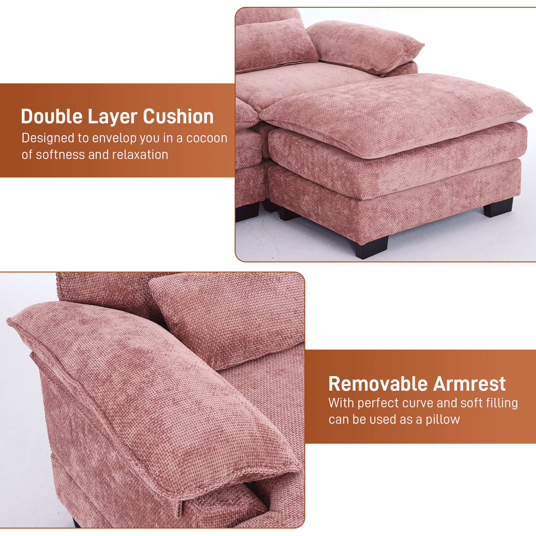 Rophefx 114.3" U Shaped Sectional Couches for Living Room,Cloud Couch,4 Seats Chenille Couch with Double Layer Cushion,Pink