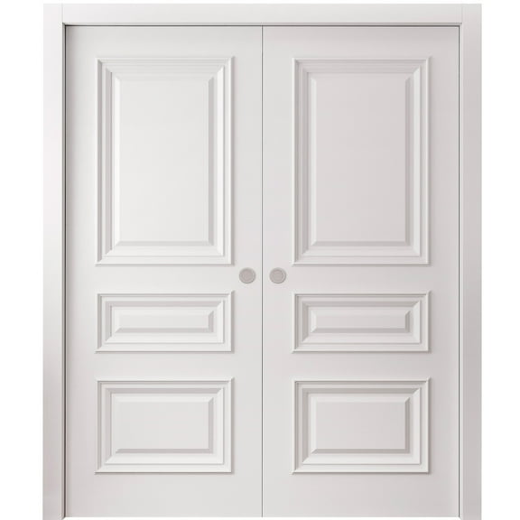 Sliding Double Pocket Doors 36 x 80 inches | CLASSIC 3389 White Enamel | Kit Rail Hardware | Solid Wood Interior Bedroom Doors