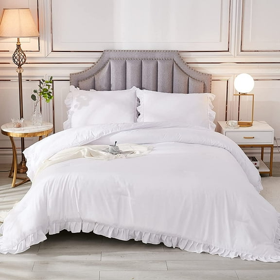 EnjinZZ White Comforters Queen Size, 3 Pieces Solid Shabby Chic Farmhouse Bedding Comforters & Sets, Lightweight Fluffy All Season Soft Down Alternative Bed Set for Women Men