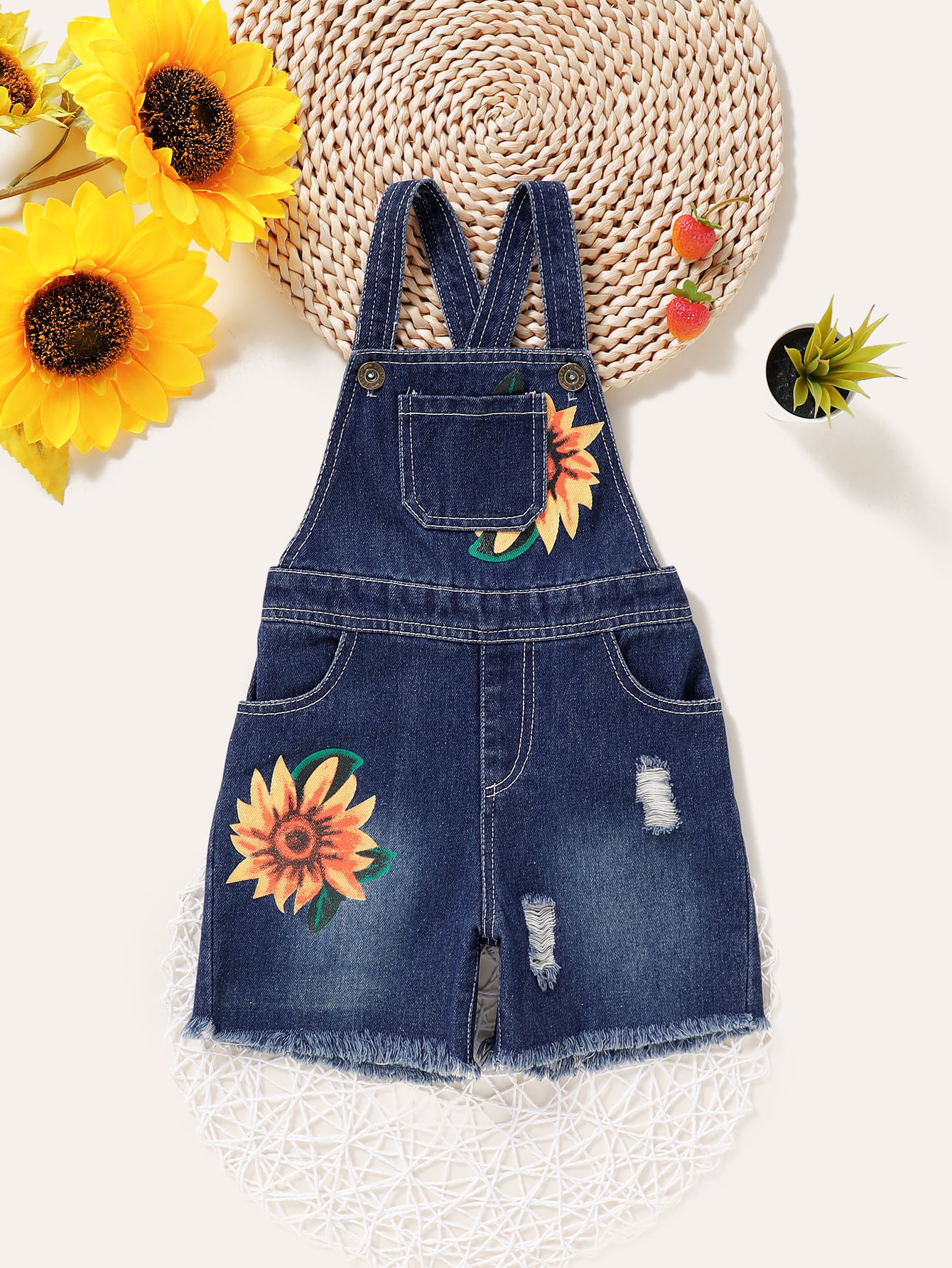 Baby Toddler Girls Clothes Denim Overalls Ripped Holes Suspender Jeans Pants Sunflower Summer Fall Outfits 