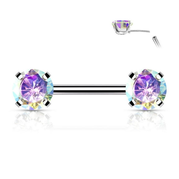 Surgical Steel Nipple Ring Barbell 14 Gauge Threadless Round CZ - Pair