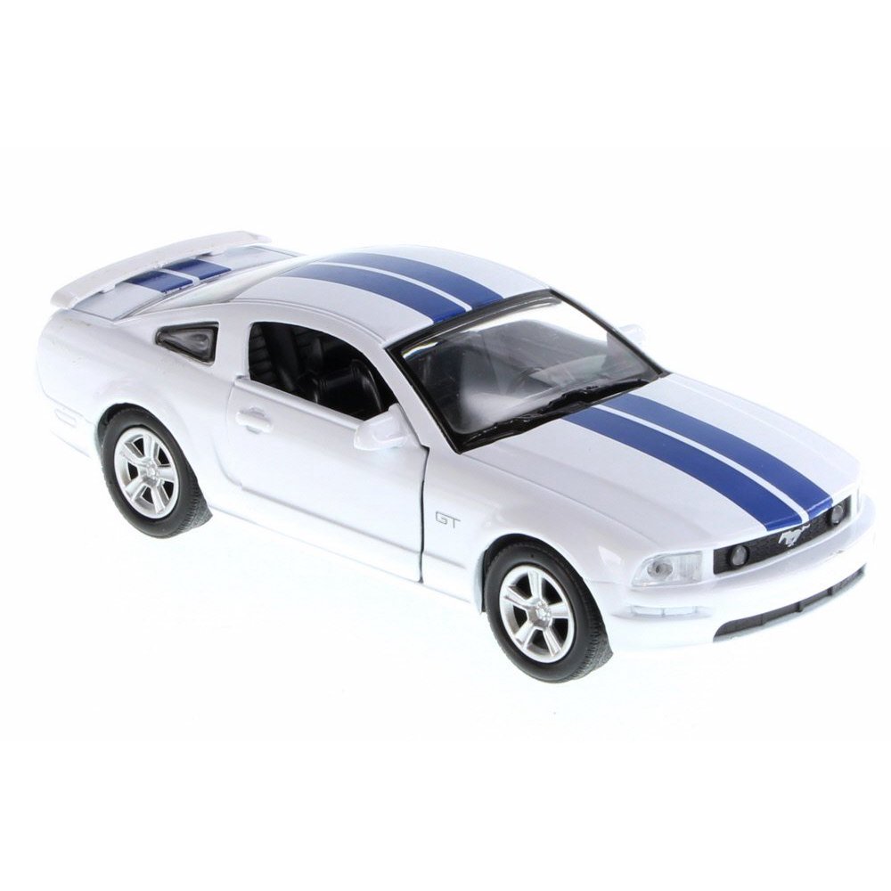 2005 Ford Mustang GT, Wite w/ Blue Stripes New Ray SS51951 1/32 Scale Diecast Model Toy Car