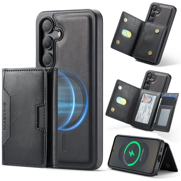 For Samsung Galaxy S25 FE Case Compatible with MagSafe, Detachable Magnetic 2 in 1 Wallet Card PU Leather Back Flip Cover with Kickstand RFID Blocking Shockproof TPU Bumper for Men Women,Black