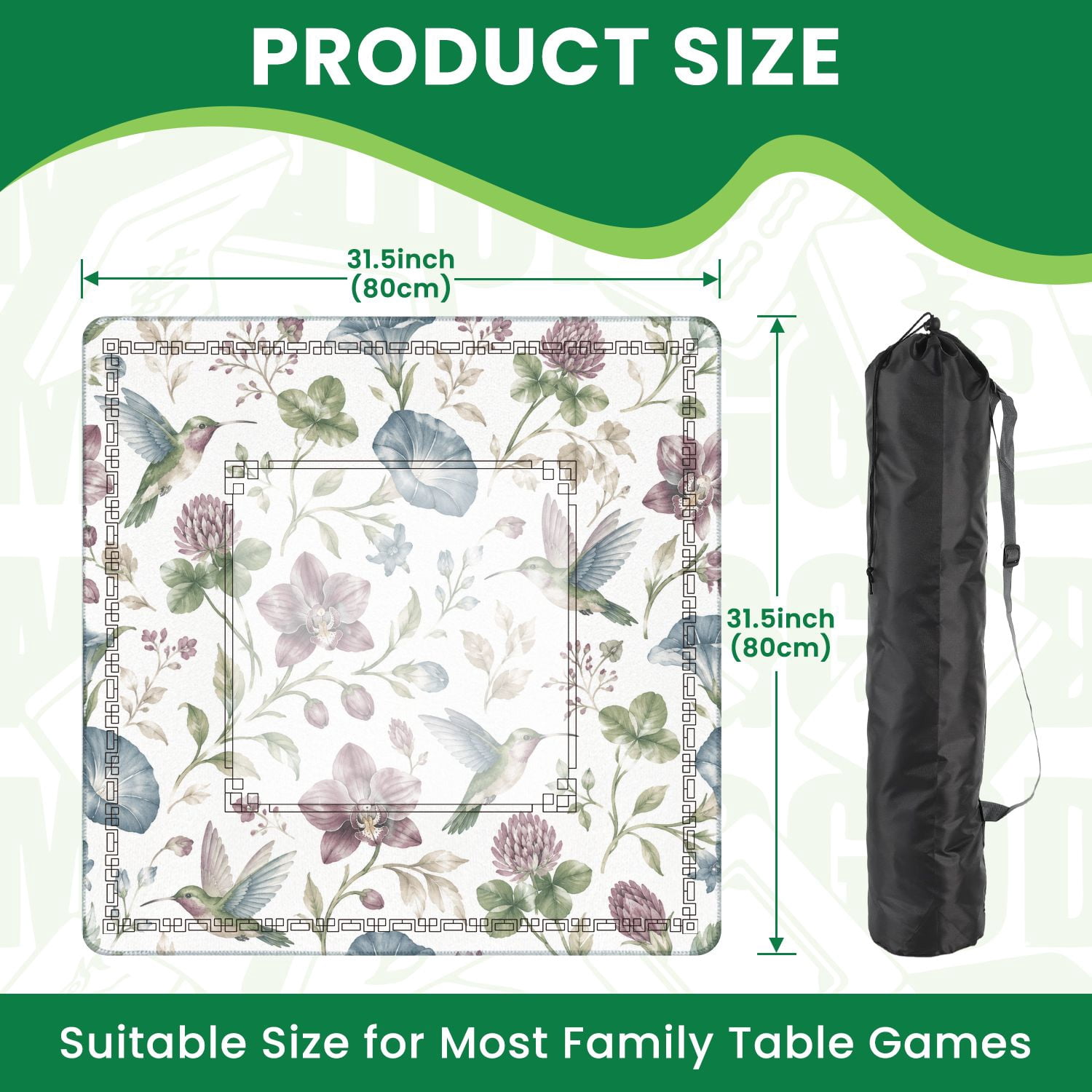 Mahjong Mat 31.5" x 31.5" Hummingbirds Flowers Pastel Colors White Non-Slip Noise Reduction American Mahjong Tiles Table Cover for Dominoes Poker Card Board Games Gift