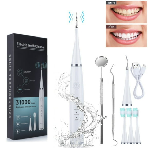 KIBVOE Plaque Ultrasonic Teeth Cleaner, Remover for Teeth With LED Light Tooth Stains Whiten Tool Kit For Kids Adult With 3 Modes White.