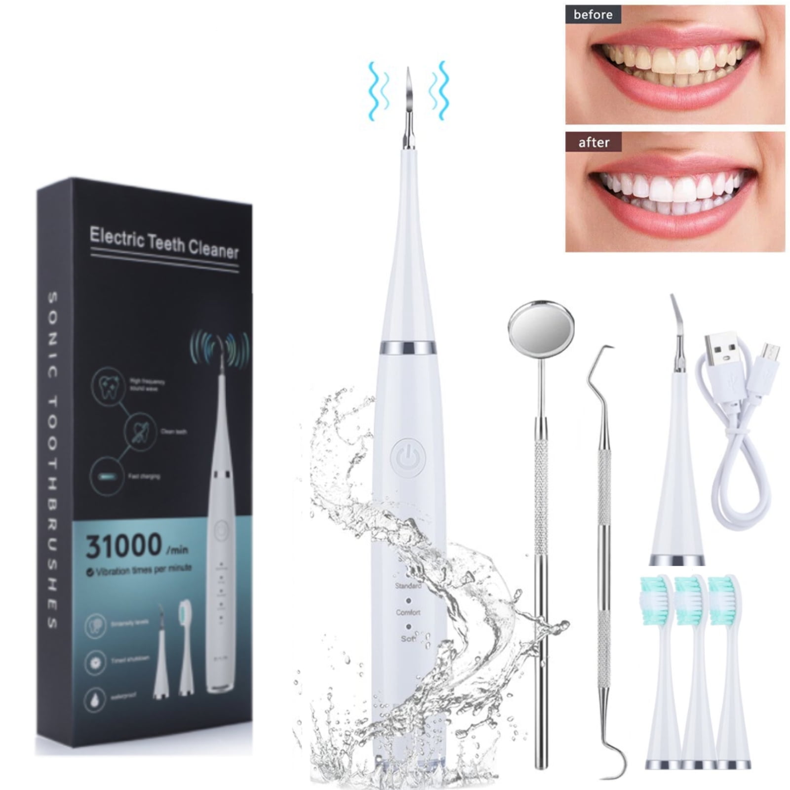 KIBVOE Plaque Ultrasonic Teeth Cleaner, Remover for Teeth With LED Light Tooth Stains Whiten Tool Kit For Kids Adult With 3 Modes White.