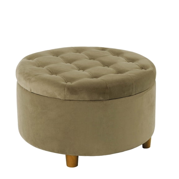 JERFIT Round Storage Ottoman with Lift Top, 28 Inch Tufted Velvet Ottoman Bench for Living Room, Brown Multi, Wood Frame