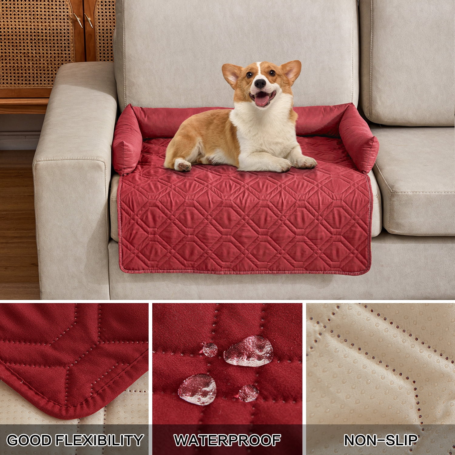 Suitable for Medium and Large Dogs Calm Pet Bed, Pet Furniture Protective Cover, Non-Slip Base, Side Pillow Pet Bed, Waterproof and Urine-Proof Fabric, Deodorant, Machine Washable Non-Slip