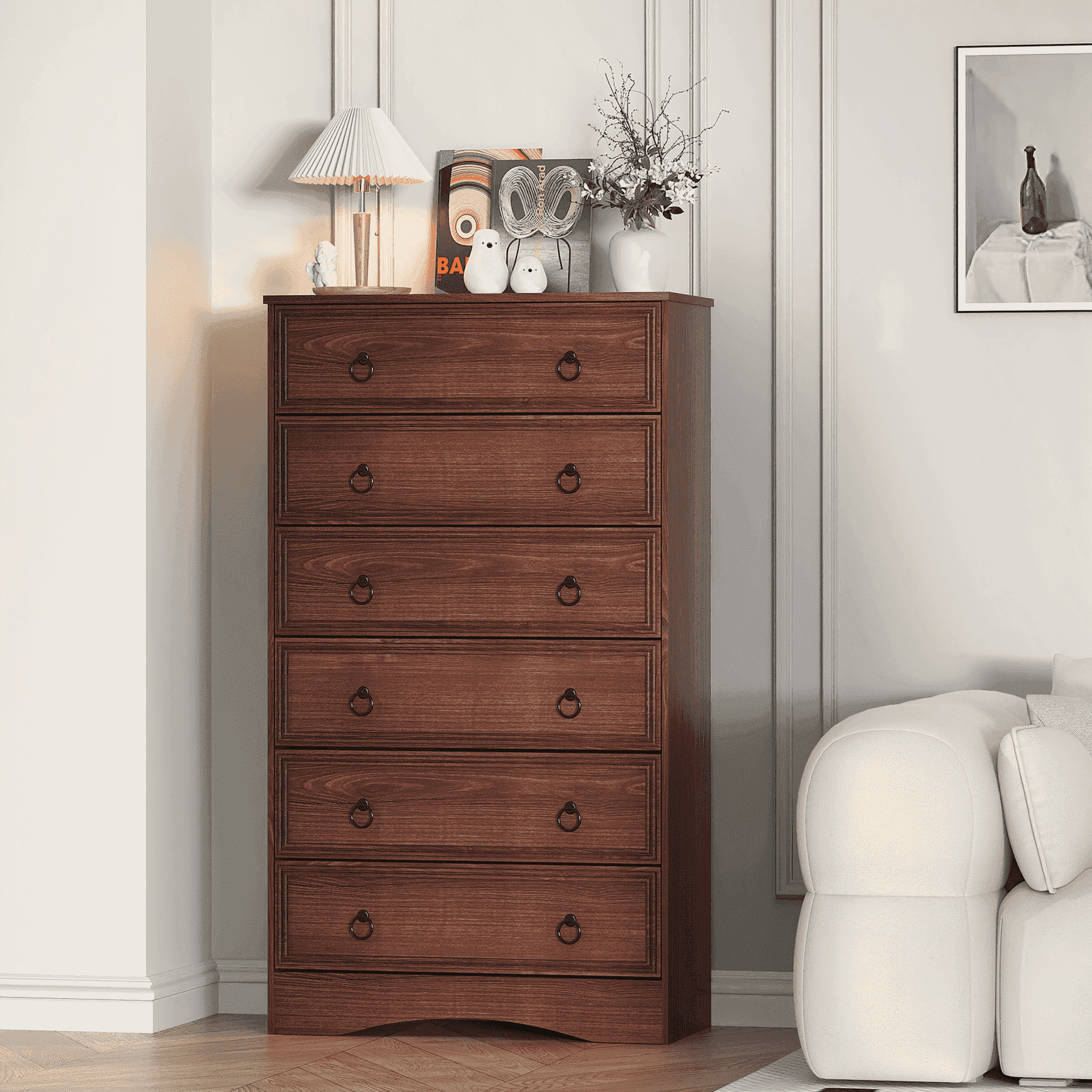 Winkalon 6 Drawer Dresser for Bedroom, Chest of Drawers Wood Storage Cabinet for Living Room,Cherry
