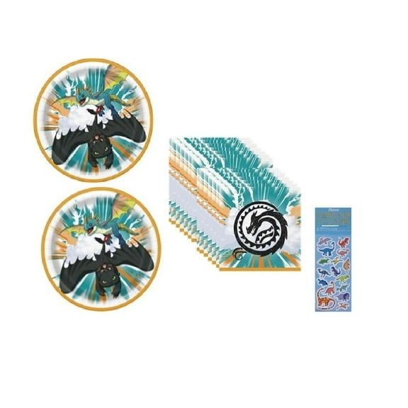 How to Train Your Dragon Birthday Party Supplies Bundle includes 16 Lunch Paper Plates 9", 16 Paper Napkins 7", 1 Dinosaur Sticker Sheet