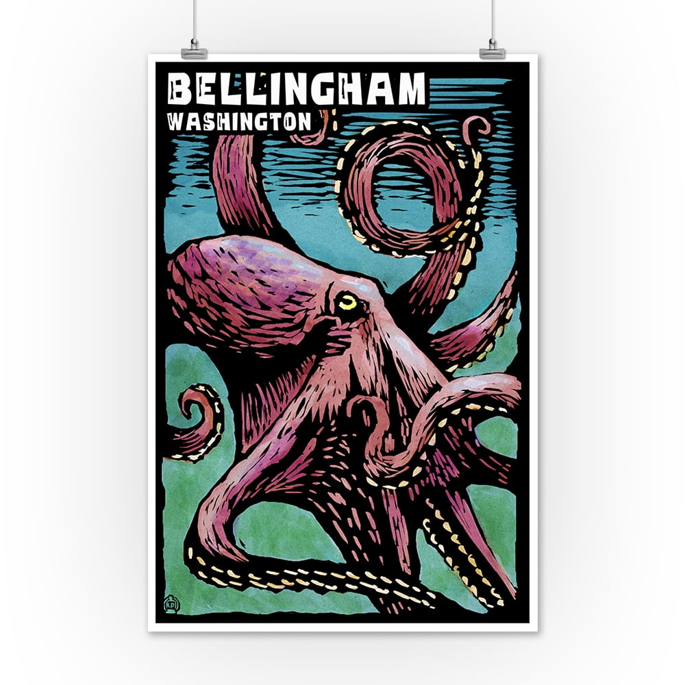 Bellingham, Washington - Octopus - Scratchboard - Lantern Press Poster (12X18 Art Print, Wall Decor Travel Poster) - Walmart.com