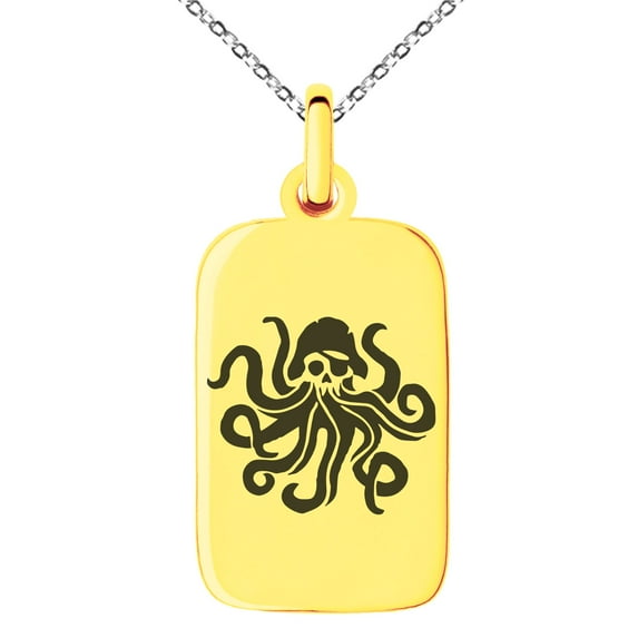 Stainless Steel Kraken Octopus Pirate Skull Engraved Small Rectangle Dog Tag Charm Pendant Necklace