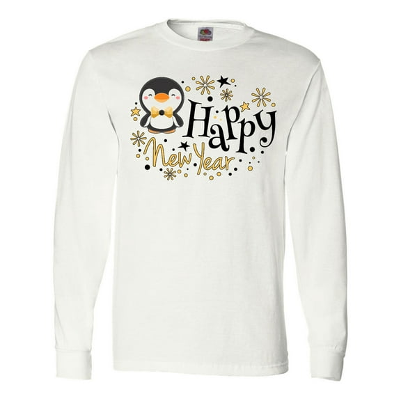 Inktastic Happy New Year with Cute Penguin Long Sleeve T-Shirt