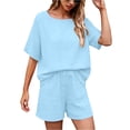 thumbnail image 2 of Zynoxe Two Piece Sets for Women Trendy Claasic Crew Neck Short Sleeve Top Drawstring Waist Shorts Suit Comfy Breathable Cotton Summer Sets Casual Loose Solid Color Vacation Outfits S, 2 of 8