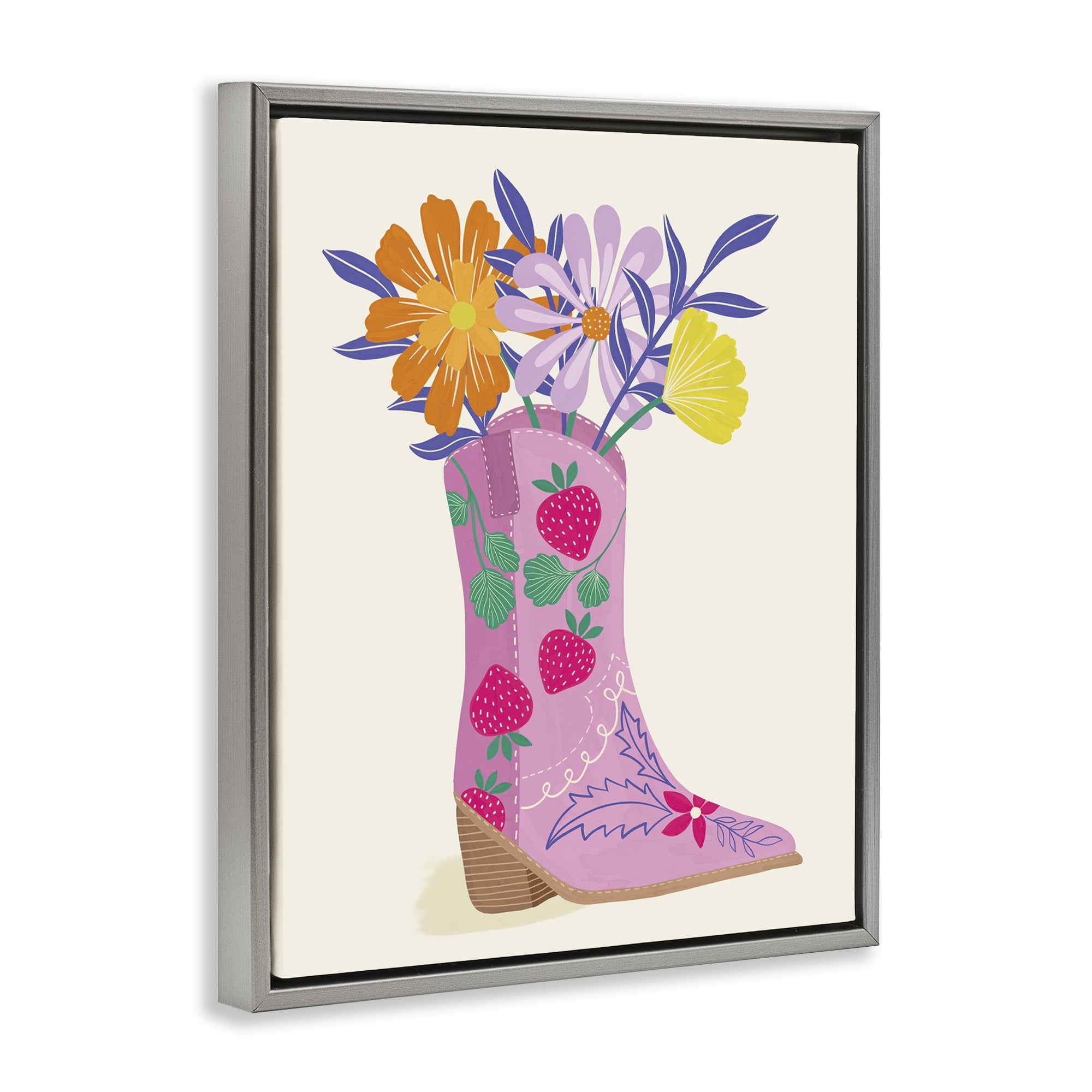 Stupell Industries Strawberry Patterned Floral Boots Plants & Flowers Painting Gray Floater Framed Canvas Art Print Wall Art, 17 x 21
