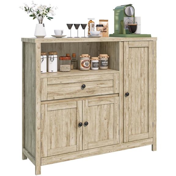 Grey Farmhouse Pantry Cabinet With 1 Drawer, 3 Doors & Open Shelf