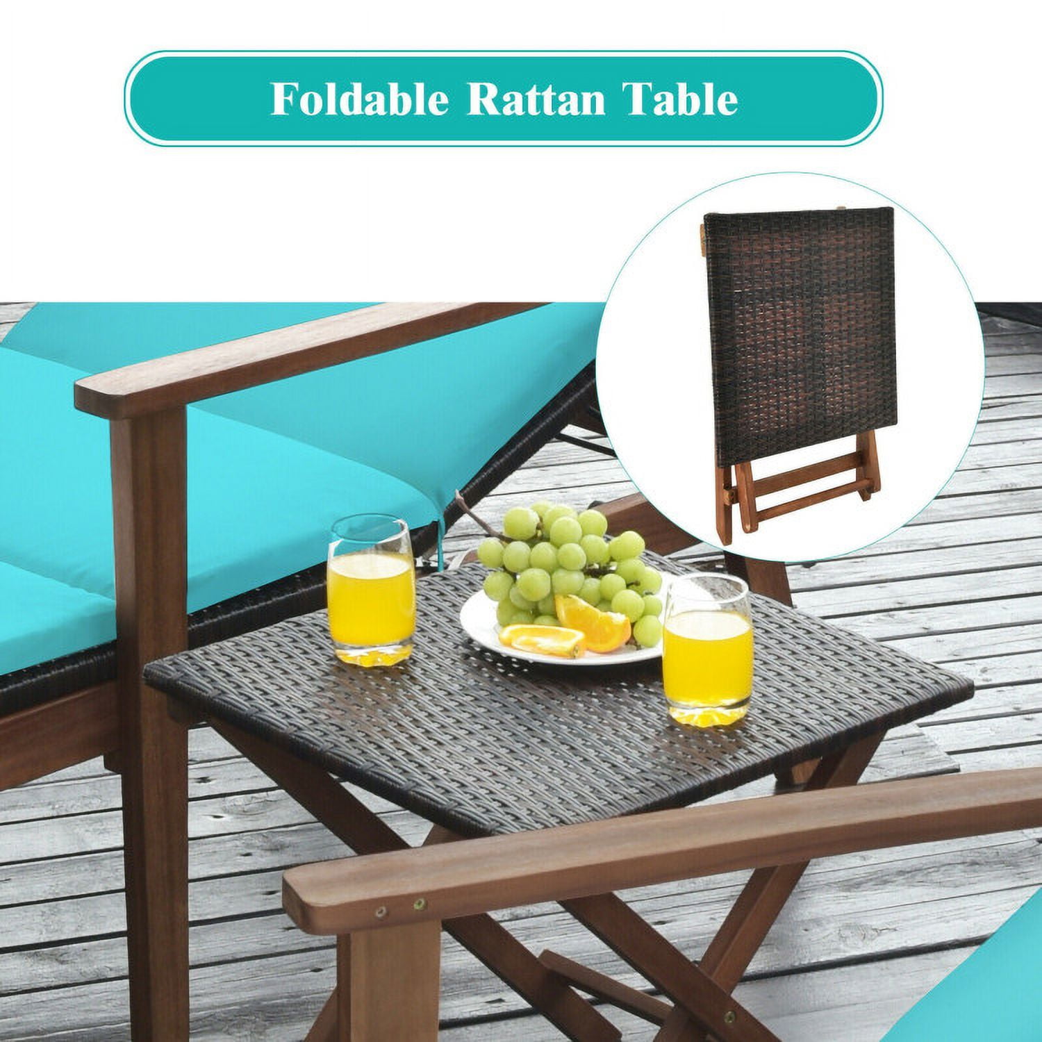 Aimee Lii 3 Pieces Portable Patio Cushioned Rattan Lounge Chair Set with Folding Table, Outdoor Patio Furniture Set, Turquoise Aimee Lii 3 Pieces Portable Patio Cushioned Rattan Lounge Chair Set with Folding Table, Outdoor Patio Furniture Set, Turquoise