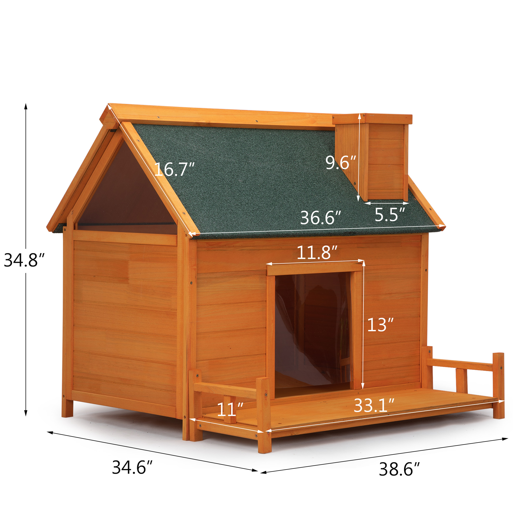 Demi Bonn 38" Wooden Dog House for Indoor Dogs, Outdoor Waterproof Dog Kennel, Log Cabin Style with Porch, Elevated Floor, PVC Curtain, Orange