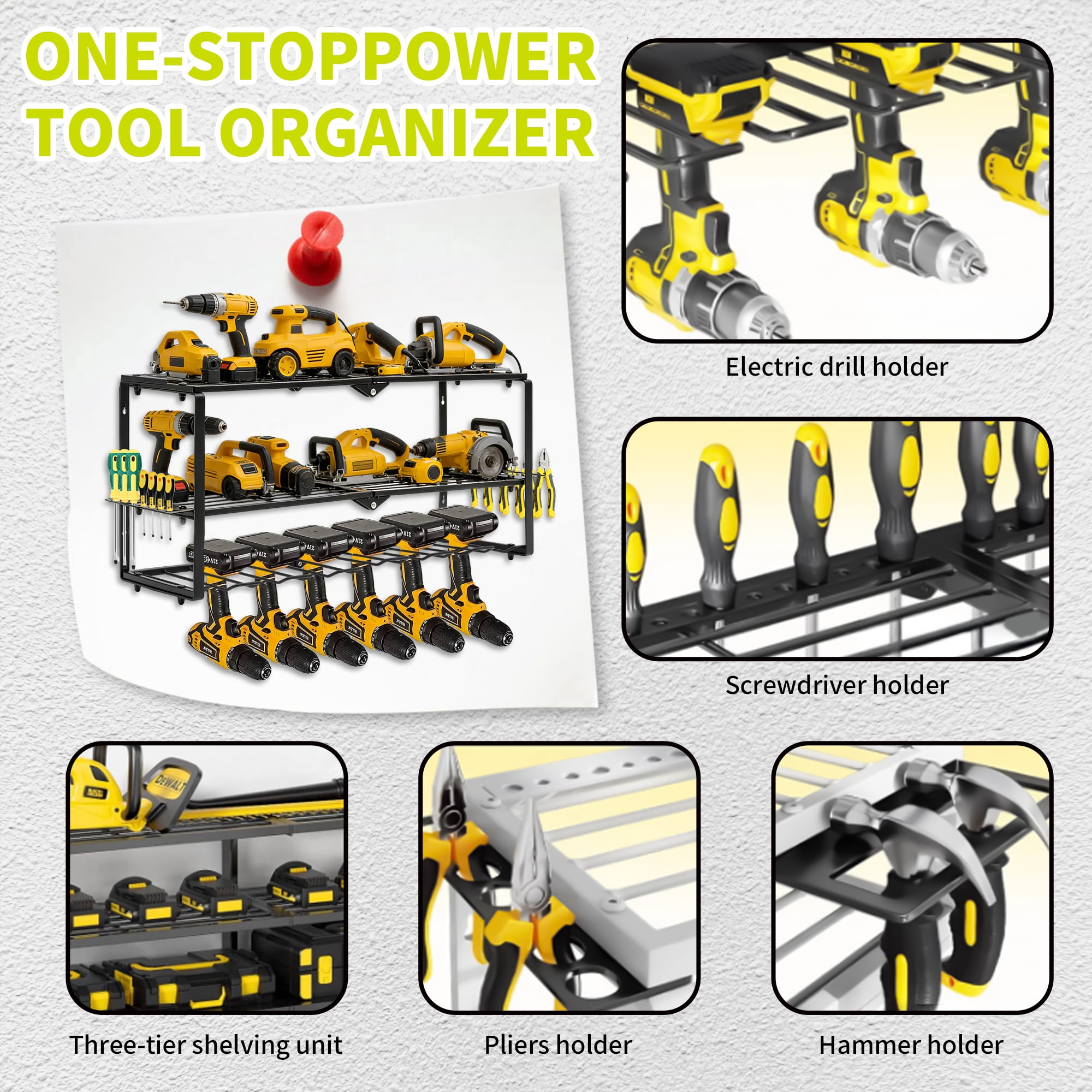 Ukmk Power Tool Organizer Wall Mount, 3-Tier Heavy Duty Storage Rack with 7 Drill Slots for Garage Workshop Organization