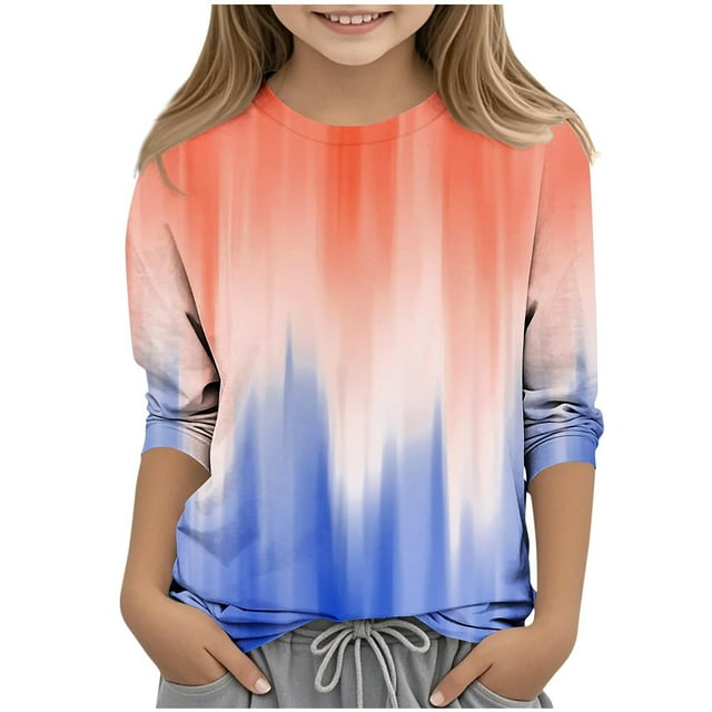 Blouse Imprimée pour Filles, Haut en Polyester à Manches 3/4 et Col Rond pour Tenue Décontractée d'Été et de Printemps, Fête d'Anniversaire, Performance de Danse, Vacances
