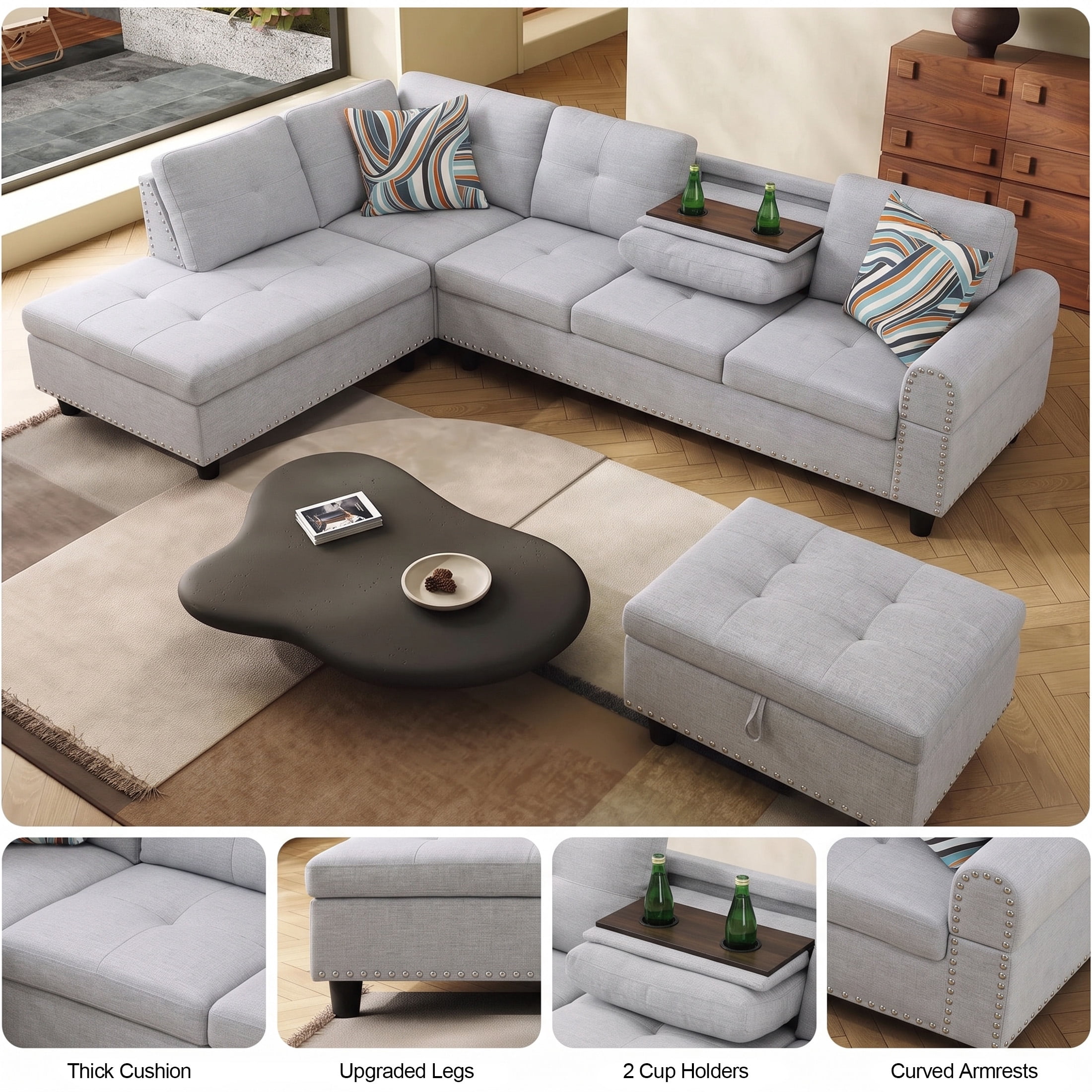 AENKYO 98" L-Shaped Sectional Sofa with Reversible Chaise, Storage Ottoman & Cup Holders, Flannel, Light Gray