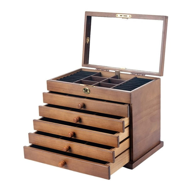 Joyero de madera con cerradura, organizador de joyas rústico de gran capacidad de 6 niveles, soporte para broches y pulseras Revestimiento negro de espejo
