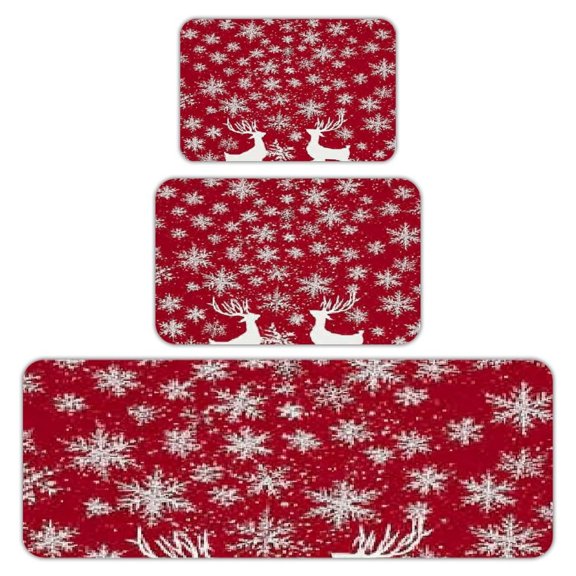 RKSupls Kitchen Rug Set 3 Piece Anti-Slip Flannel Floor Mats, Red Reindeer Snowflakes Washable Absorbent Runner Mats for Kitchen Bathroom Home Decor