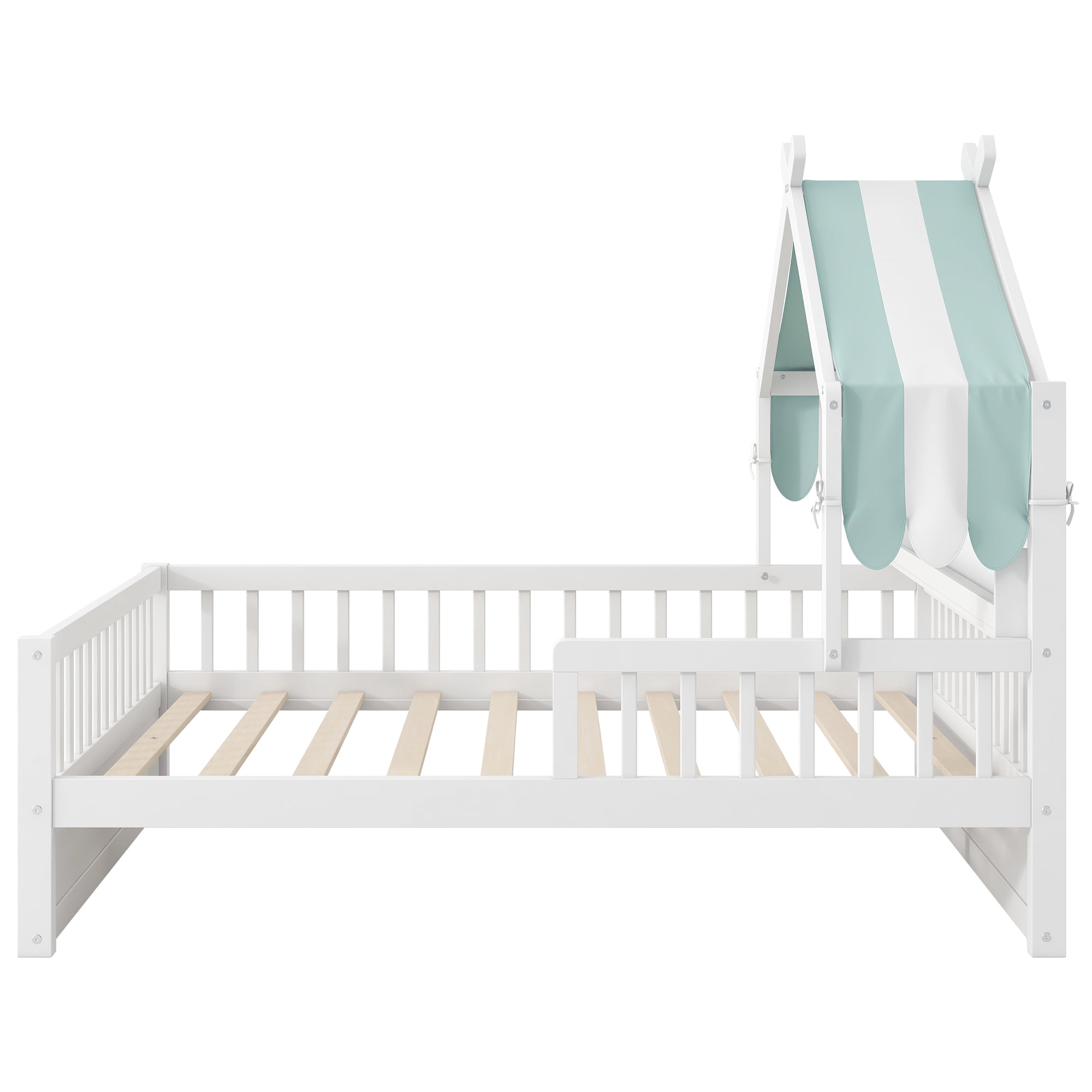 Euroco Wood Twin Size Platform Bed with Storage Headboard and Canopy, White