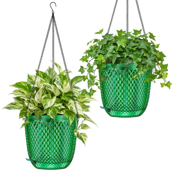 Hanging Planters for Indoor Plants, 2-Pack, 5.8 Inch Outdoor Hanging Basket, Self Watering Plant Hanger, with Drainage Holes, 3 Hooks Chains, For Garden Home(Emerald)