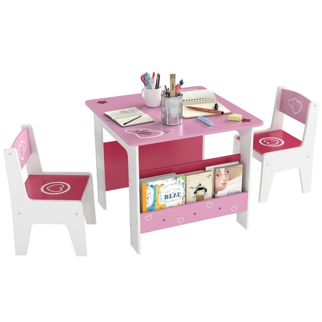 Qaba Ensemble Table et Chaises pour Enfants avec Étagères à Livres, Ensemble Table et Chaises pour Tout-Petits