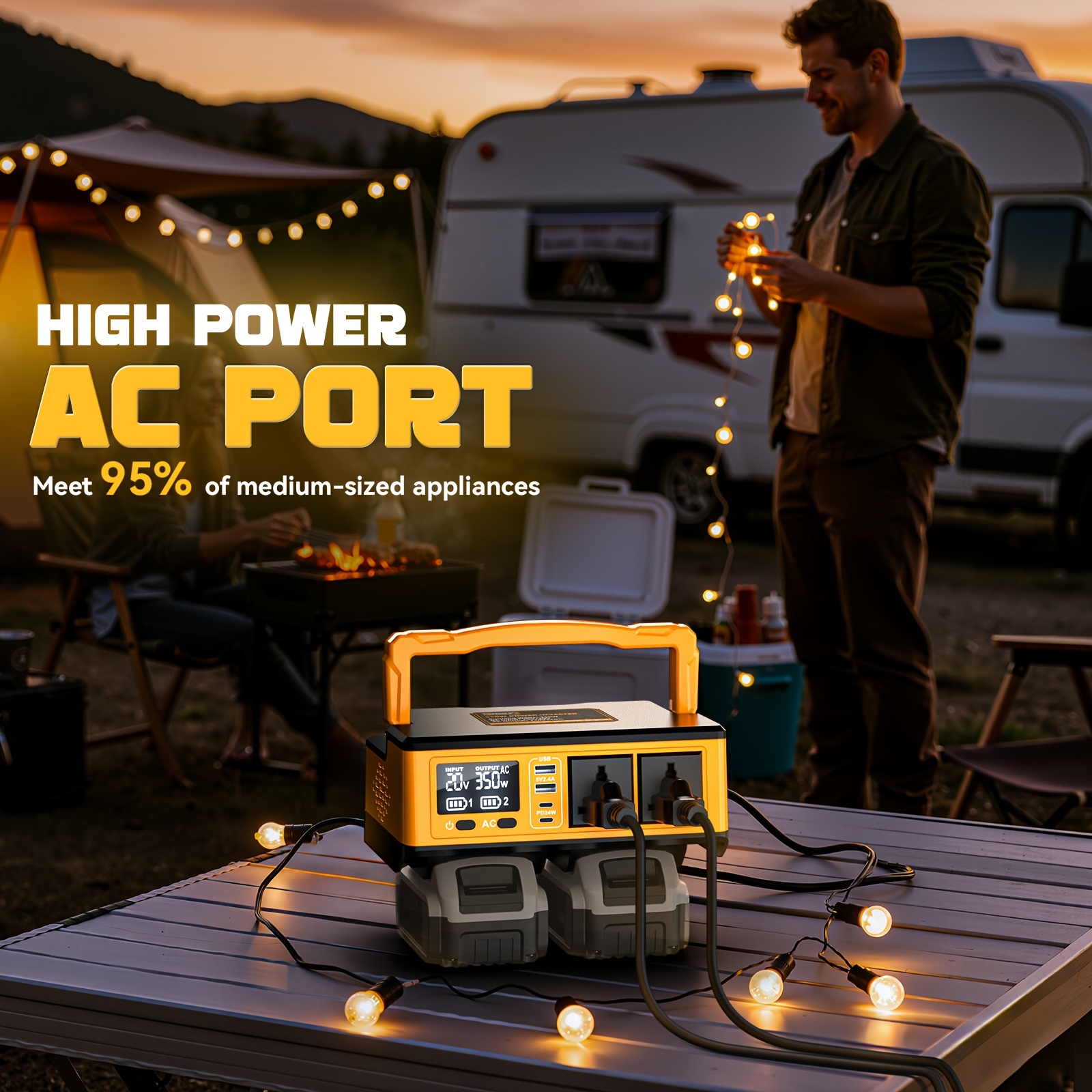350W Power Inverter Compatible with DeWalt 20V Batteries: Ecarke Portable Power Outlet 2 AC Outlets 2 USB Phone Charger 2 Type-C, Generator DC 18V to AC 110V - Battery Adapter LED Light RGB Light