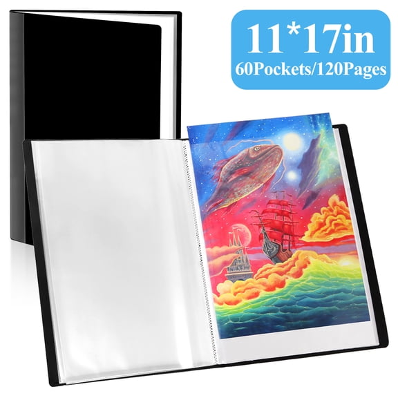 Yalumo Art Portfolio 11x17in, Large Art Portfolio Binder with Plastic Sleeves 60 Pockets, Portfolio Folder Display 120 Pages, Presentation Book Binder for Artwork Documents Storage, Black