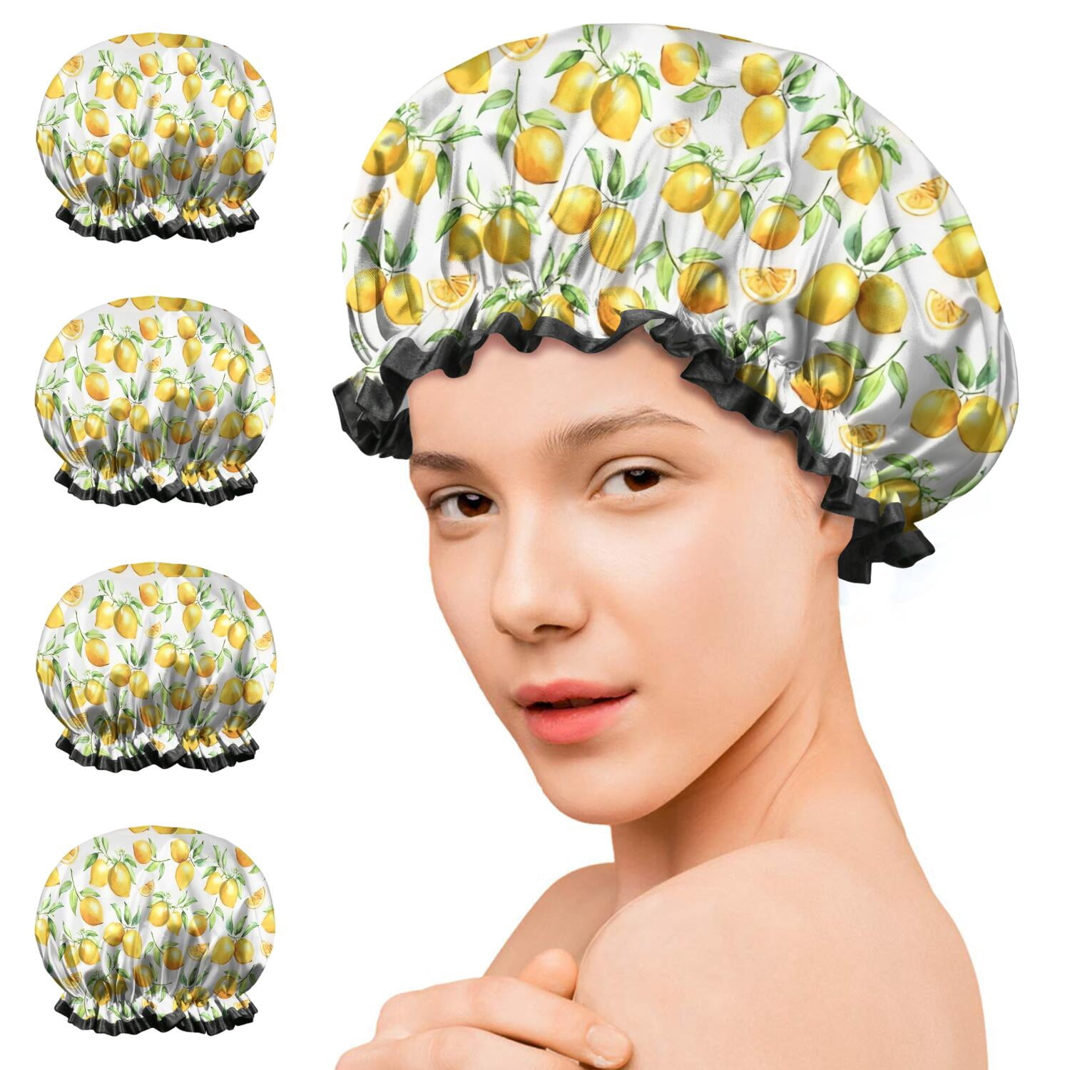 Shower Caps,Yellow Lemon Fruit Slices White Pattern Waterproof Shower Cap for Women 4 Pieces,Double Reusable Hair Cover for Shower PEVA Elastic Stretch Hem