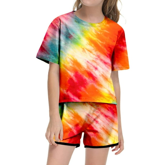 SJLDQY Child Girl Outfits Summer Print Short Sleeve Top And Shorts Cute Crewneck Pocket Casual for Teens And Juniors Lightweight And Comfortable Sets Red 4-5 Years