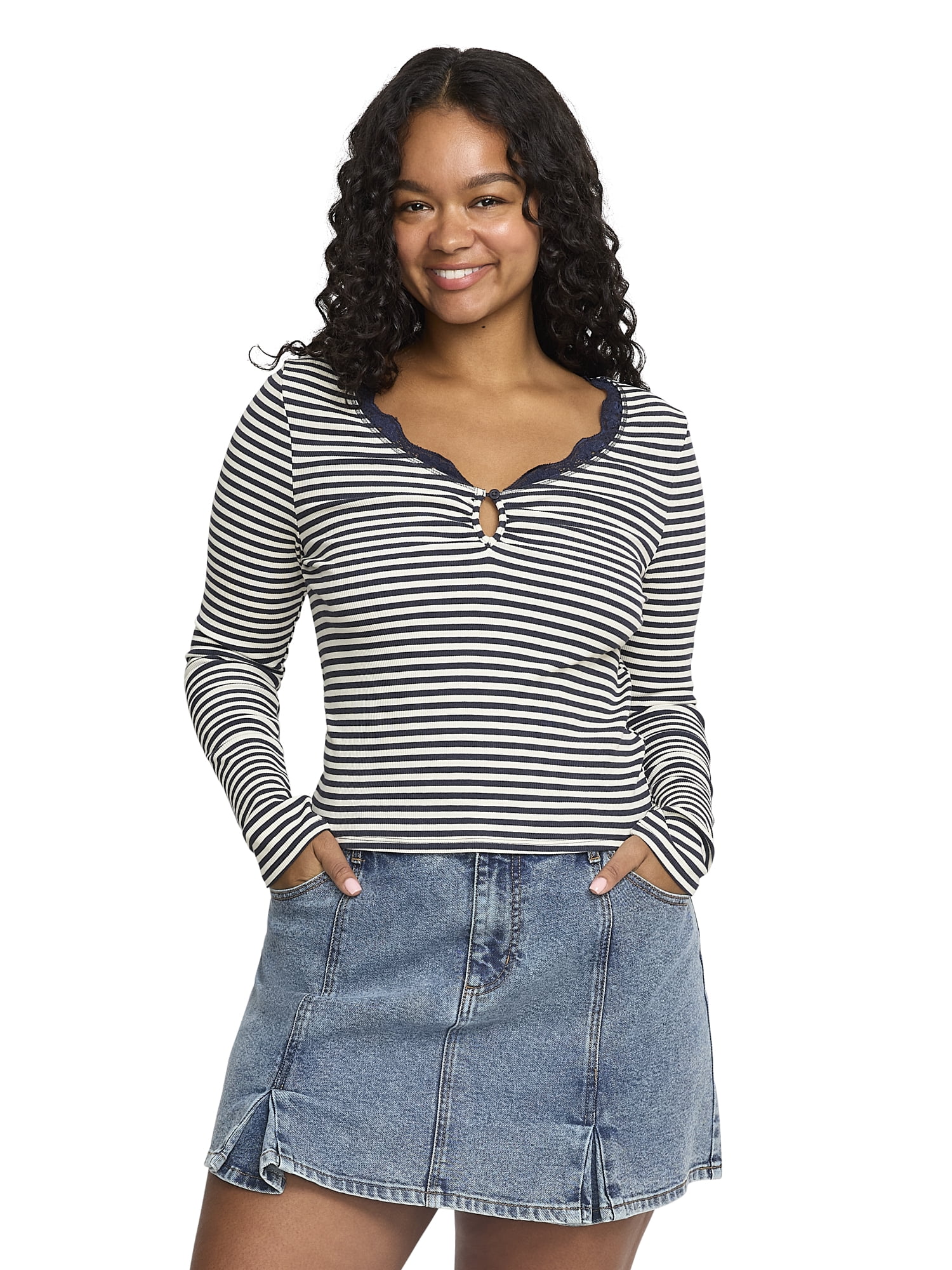 Mills by Millie Bobby Brown Women's Cut and Sew Henley Long Sleeve Top, Sizes XXS-XXXL