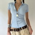 thumbnail image 4 of Blusa de Corta Y2K para Mujer, con Botones y Rayas, Cuello en V, Estilo Vintage, Ajustada, para Salir Azul L, 4 of 10