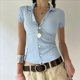 thumbnail image 4 of Blusa de Corta Y2K para Mujer, con Botones y Rayas, Cuello en V, Estilo Vintage, Ajustada, para Salir Azul L, 4 of 10