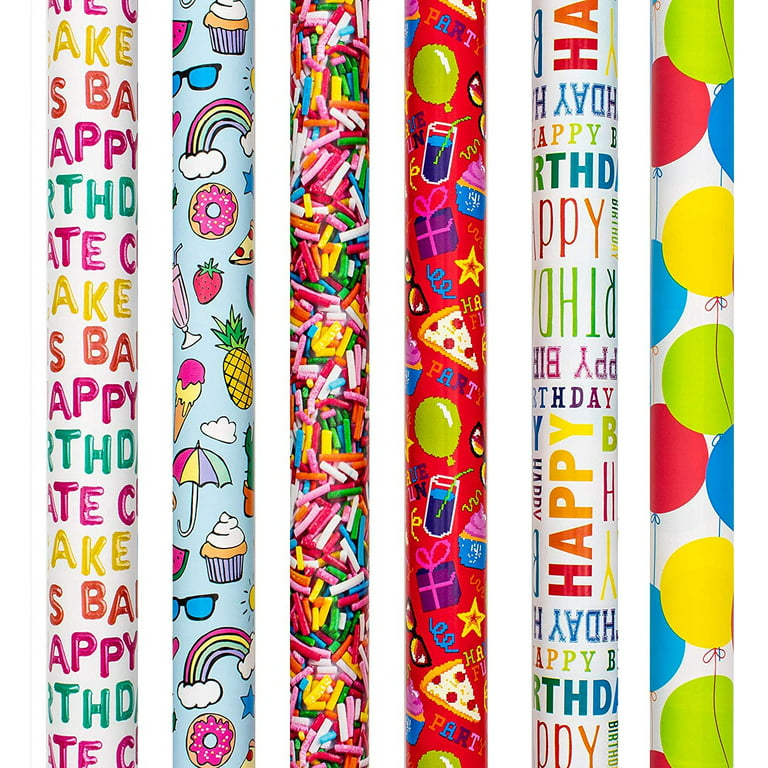 The Gift Wrap Company Funny Different Designs Multi-Color Birthday Gift Wrap Papers, (6 Rolls) 90 Sq ft., Multicolor