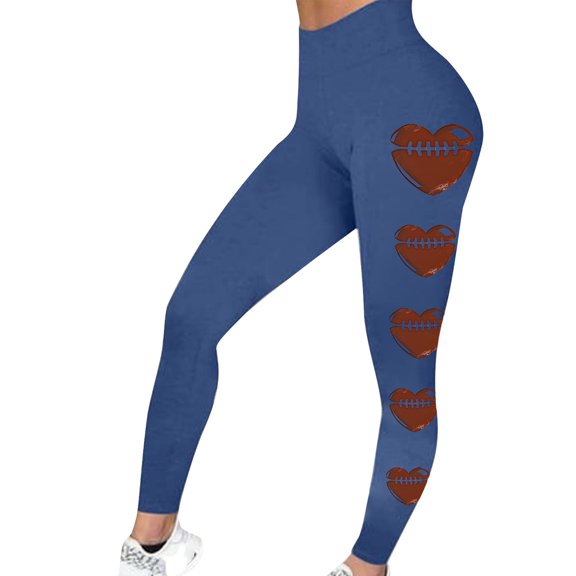 Jjayotai High Waist Legging for Women, Football Printed Shiny Gym Yoga Pants, Hidden Scrunch Butt Lift Trousers Blue L
