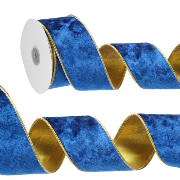 Uxcell Velvet Wired Ribbon, Gold Crushed Ribbons for Gift Wrapping and Crafts Deep Blue 2.5 in