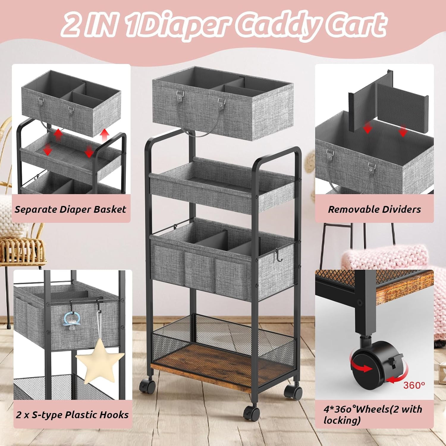 2In1  Diaper Caddy & 3-Tier Rolling Cart with Dividers, Mobile Metal Utility Organizer for Nursery Essentials
