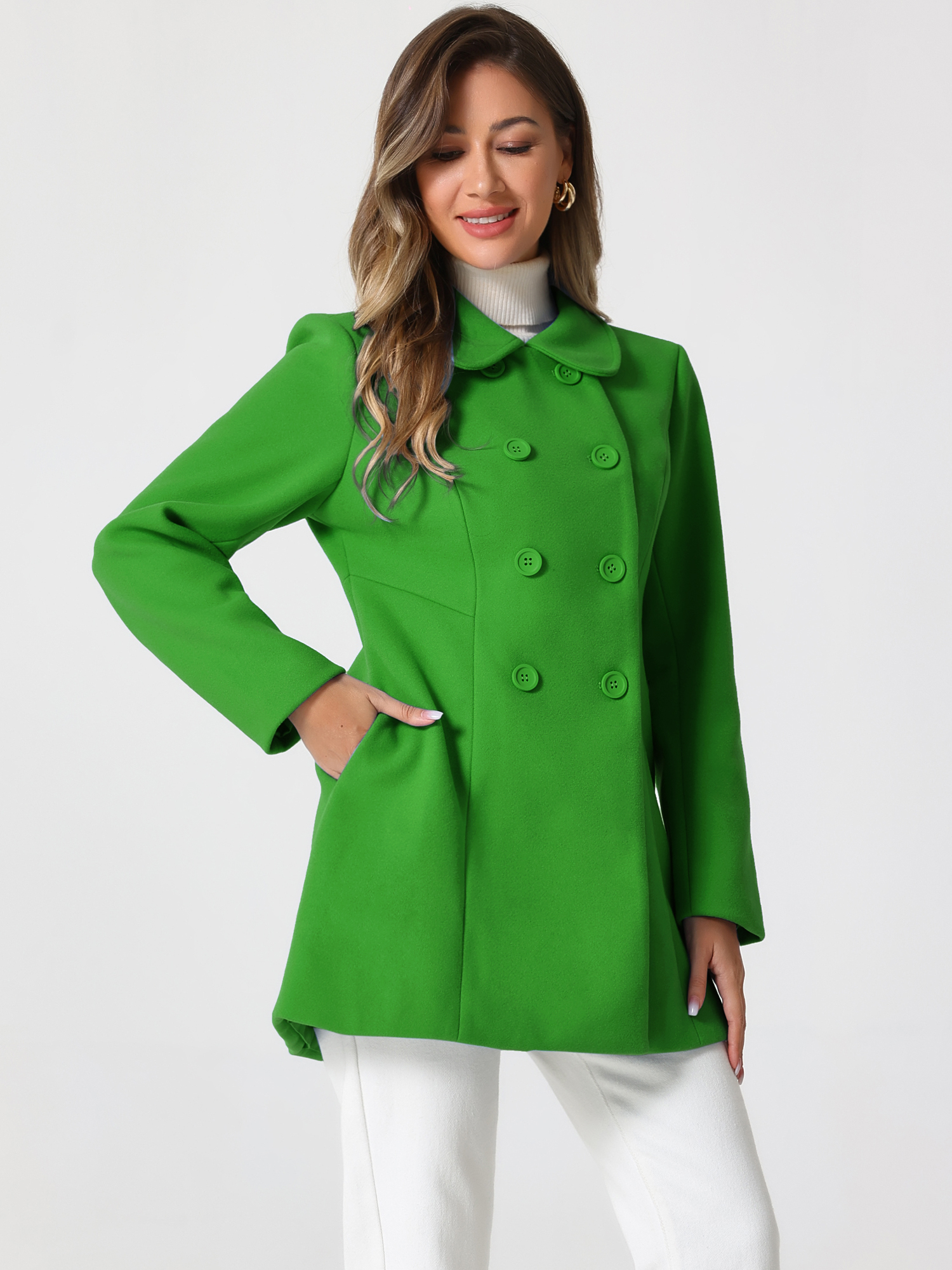 DARING DIVA Women's Peter Pan Collar Double Breasted Winter Trench Coat Green XL