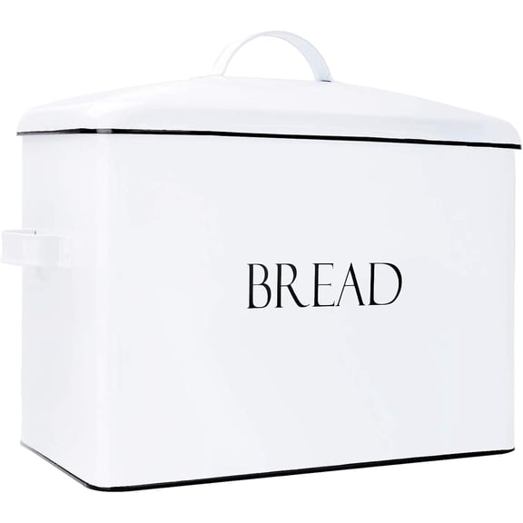 Farmhouse Bread Box for Kitchen Countertop 
 White Enamel Bread Storage Container with Fitted Lid 
 Large Metal Bread Bin for Small Kitchen 
 Modern Corner Bread Boxes for Kitchen Counter