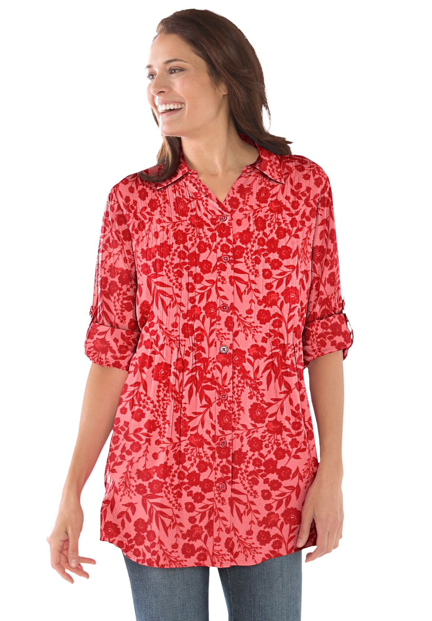 Woman Within Womens Plus Size Pintucked Print Tunic Shirt 