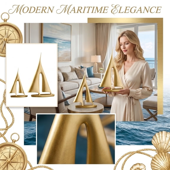 Modern Gold Sailboat Sculpture Set, 11.81 & 8.07 Inch Minimalist Nautical Decor With Matte Finish, Coastal Chic Accent For Living Room Shelf Or Beach House Styling A